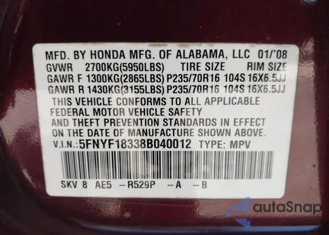 2008 Honda Pilot Se z USA, uszkodzony, nr VIN 5FNYF18338B040012